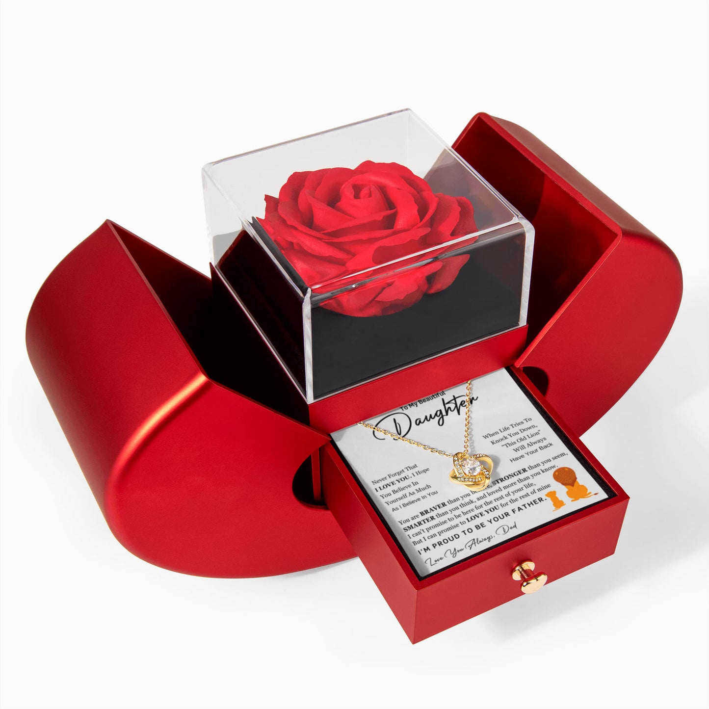 Daughter Necklace from Dad, Love Knot Pendant with Rose Gift Box, Gift for Birthday, Valentines day, Mothers day, Christmas