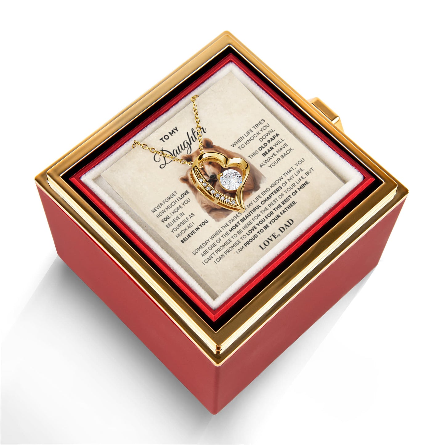 Daughter Necklace from Dad, Forever Love Pendant with Rotating Rose Box, Gift for Birthday, Valentines Day, Graduation, Christmas