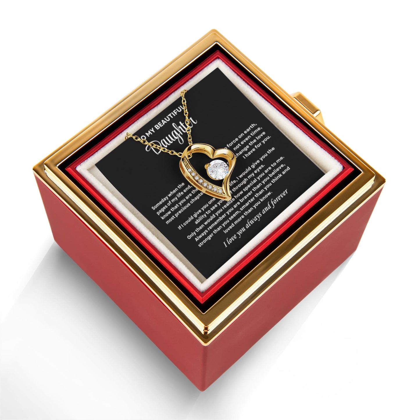 Daughter Necklace from Mom and Dad, Forever Love Pendant with Rotating Rose Box, Gift for Birthday, Valentines Day, Graduation, Christmas