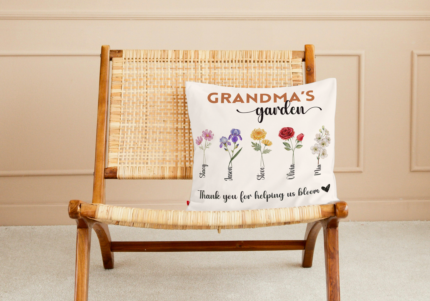 Grandma's Garden Birthflower Pillow with Grandkids names, Mother's day gift for Grandmother