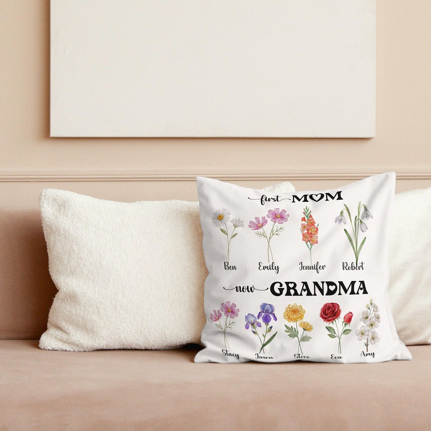 Personalized First Mom Now Grandma Throw pillow, Mimi's garden birth flower pillow with grandkids names Mother's day gift for Mimi Nana gift