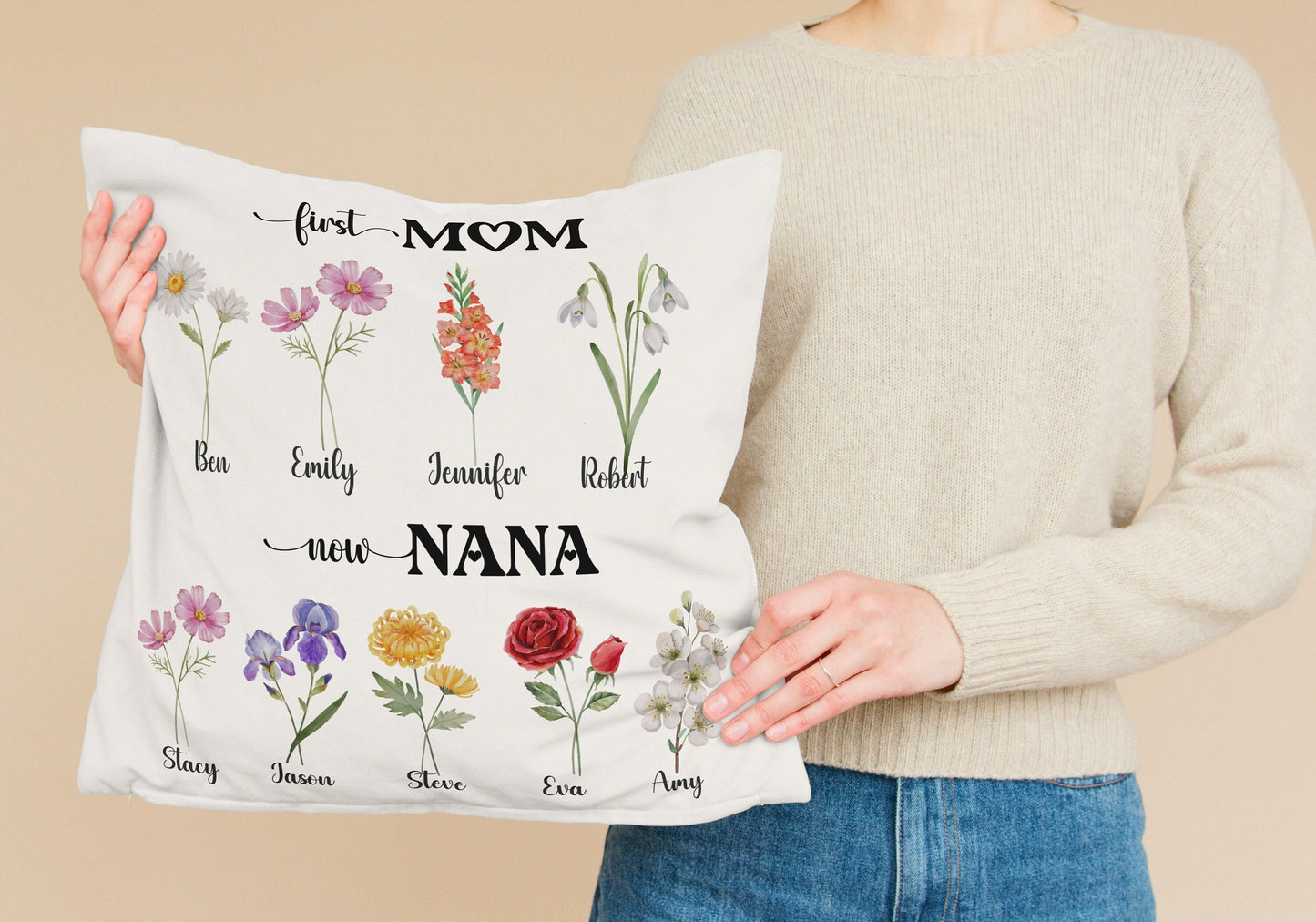 Personalized First Mom Now Grandma Throw pillow, Mimi's garden birth flower pillow with grandkids names Mother's day gift for Mimi Nana gift
