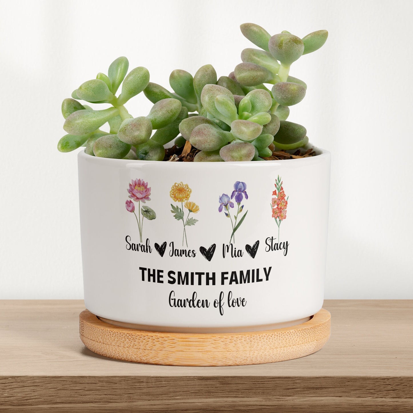 Family Birth Month Flowers Personalized Ceramic Succulent pot, Birth flower Garden decor, Gift for Mom Mothers day gift, Mom's garden gift