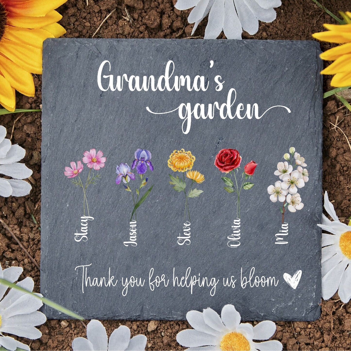 Grandma's Garden Stone plaque with Birth Flowers and Grandkids names, Mothers day Gift for Grandma, Grandmother gift from Grandchildren