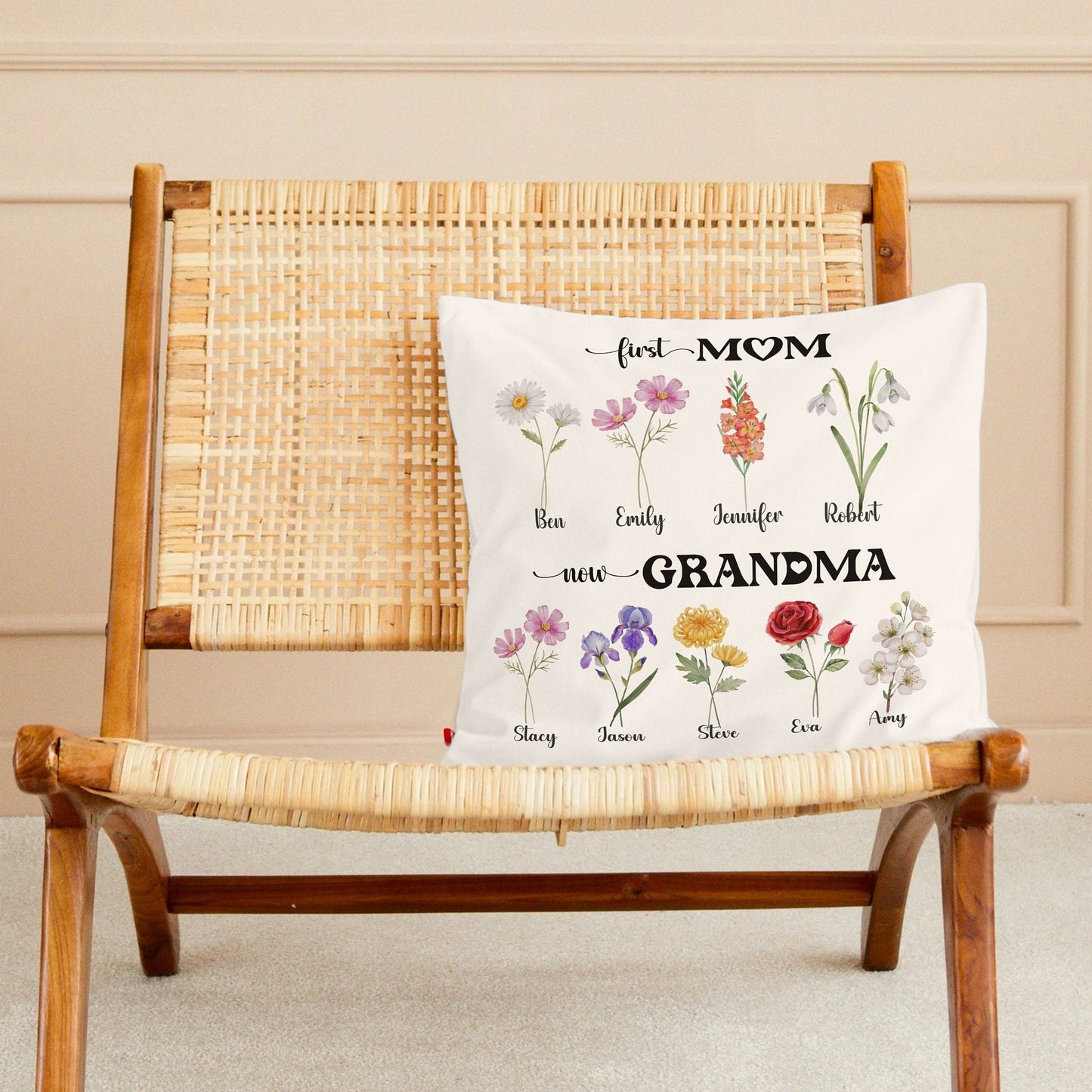 Personalized First Mom Now Grandma Throw pillow, Mimi's garden birth flower pillow with grandkids names Mother's day gift for Mimi Nana gift