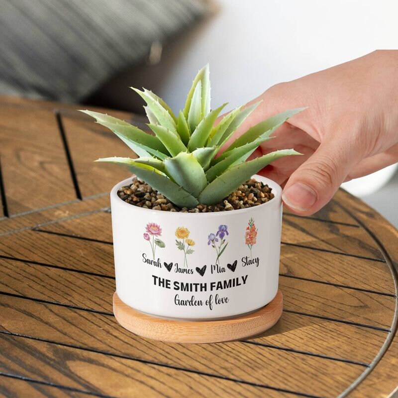 Family Birth Month Flowers Personalized Ceramic Succulent pot, Birth flower Garden decor, Gift for Mom Mothers day gift, Mom's garden gift