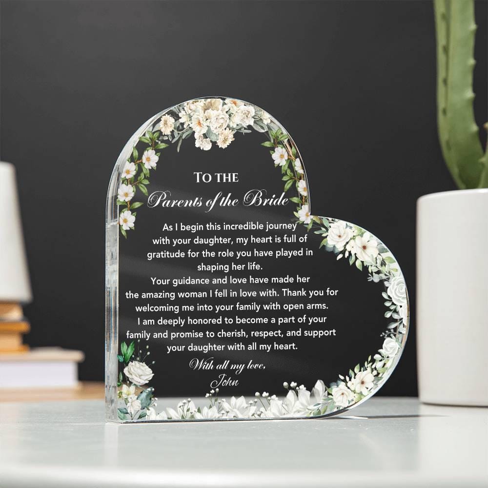 Parents Of The Bride Gift from groom, Personalized Heart Plaque, Future Parents in law Wedding day gift, Thank you gift from son in law gift