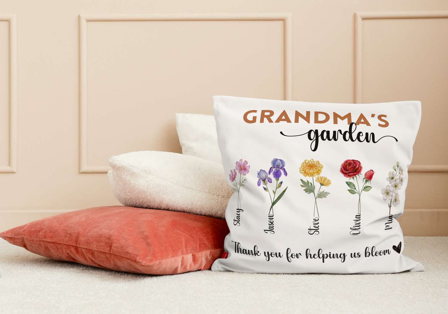 Grandma's Garden Birthflower Pillow with Grandkids names, Mother's day gift for Grandmother