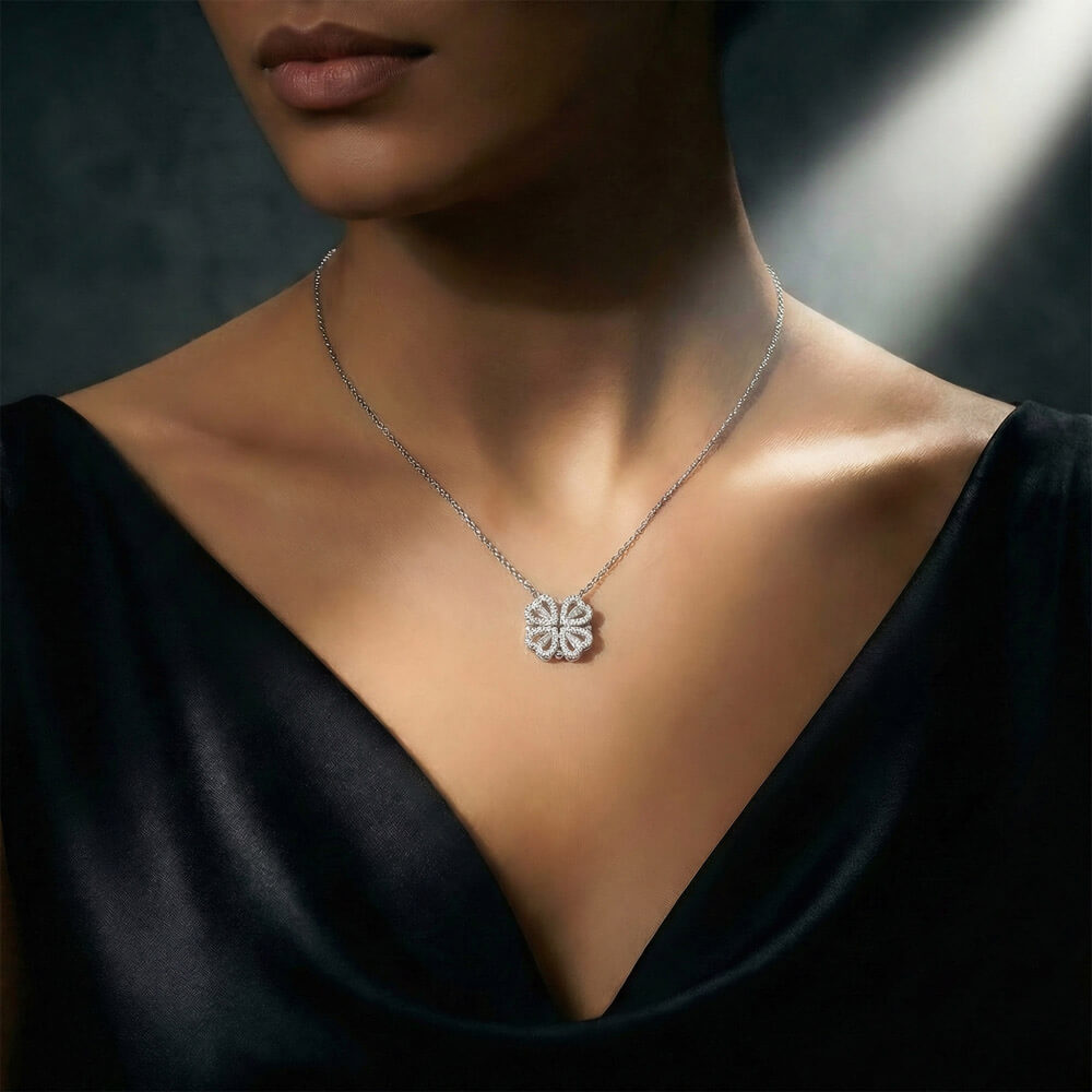 To my Wife Necklace from Husband, 14K White gold finish Magnetic Hearts Clover Necklace, Gift for Valentines Day, Birthday, Anniversary