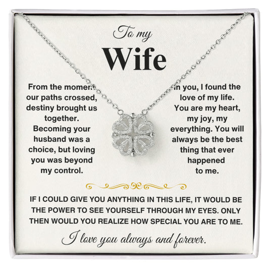 To my Wife Necklace from Husband, 14K White gold finish Magnetic Hearts Clover Necklace, Gift for Valentines Day, Birthday, Anniversary