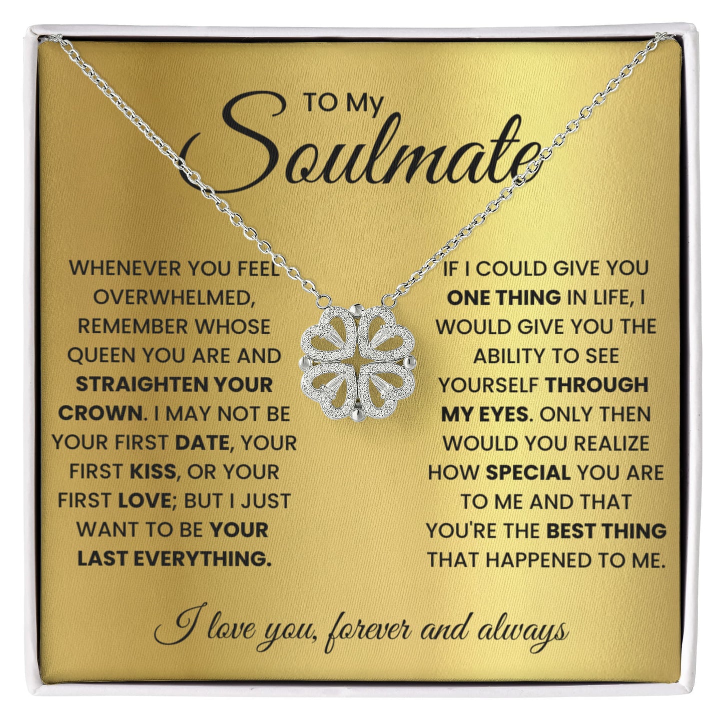 To my Soulmate Wife Necklace from Husband, 14K White gold finish Magnetic Hearts Clover Necklace, Gift for Valentines Day, Birthday, Anniversary