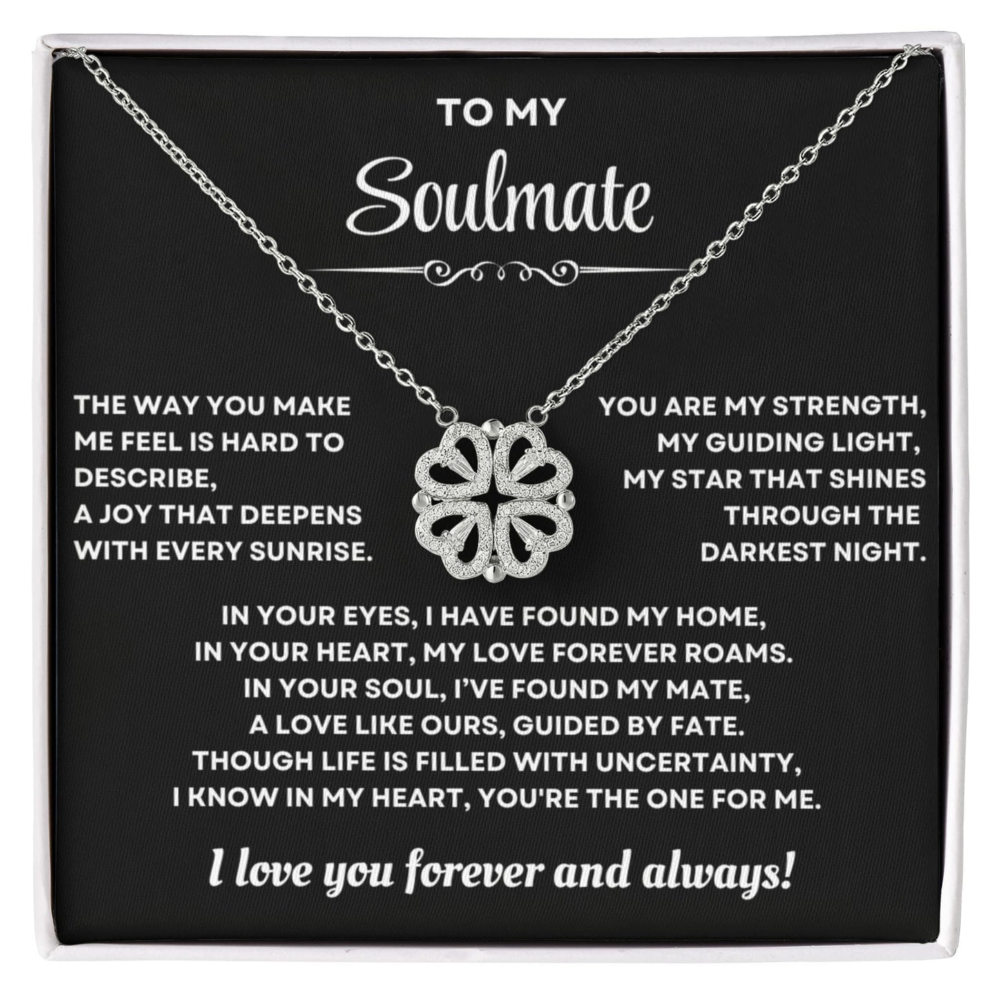 To my Soulmate Wife Necklace from Husband, 14K White gold finish Magnetic Hearts Clover Necklace, Gift for Valentines Day, Birthday, Anniversary
