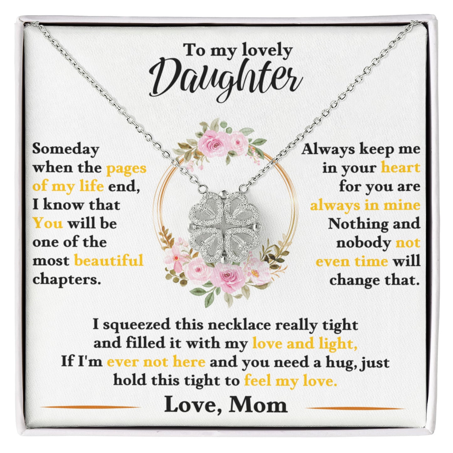 Daughter Necklace from Mom, 14 K White Gold Finish Magnetic Hearts Clover Necklace, Gift for Birthday, Valentines Day, Graduation, Christmas