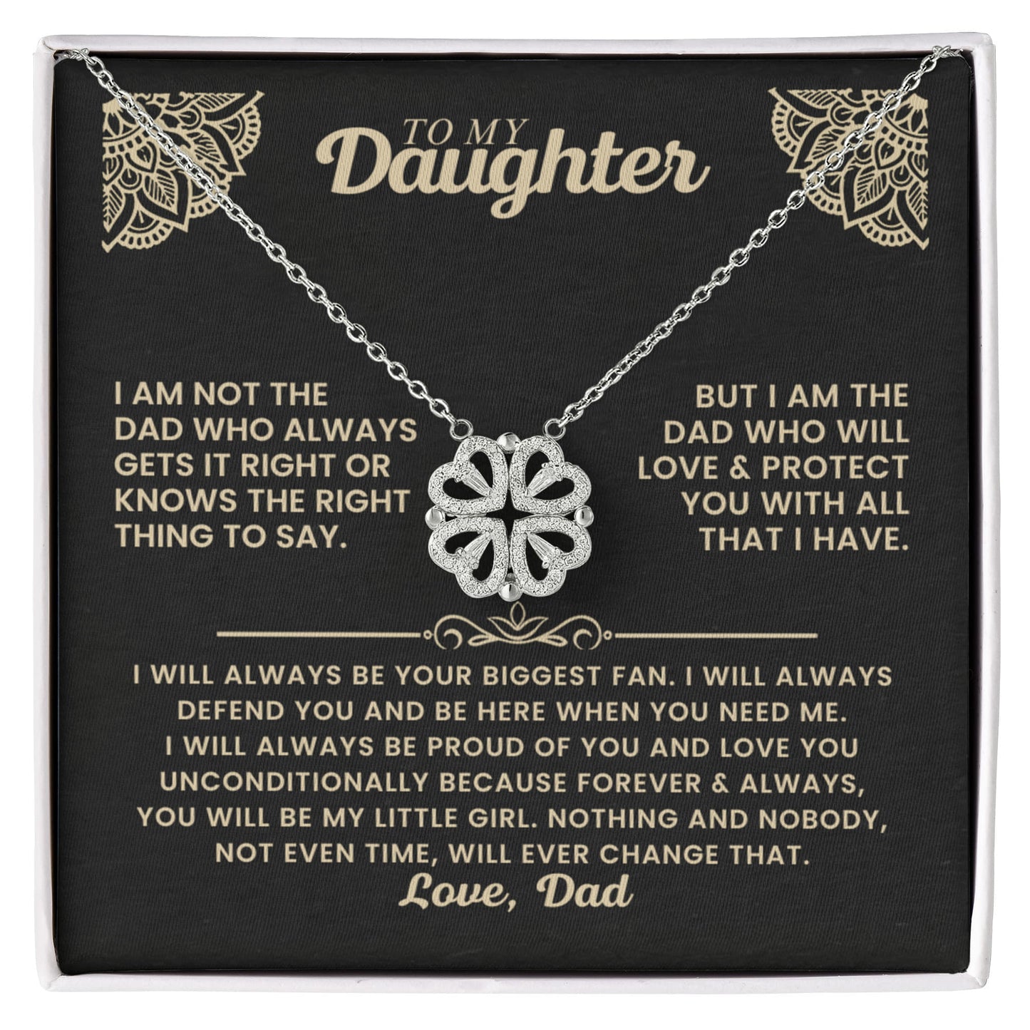 Daughter Necklace from Dad, 14 K White Gold Finish Magnetic Hearts Clover Necklace, Gift for Birthday, Valentines Day, Graduation, Christmas