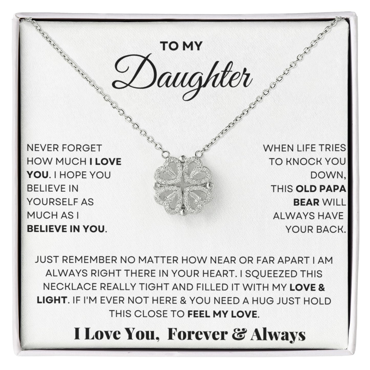 Daughter Necklace from Mom and Dad, 14 K White Gold Finish Magnetic Hearts Clover Necklace, Gift for Birthday, Valentines Day, Graduation, Christmas