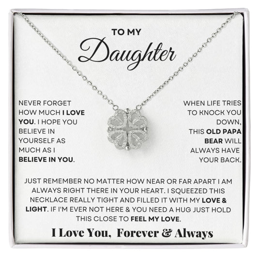 Daughter Necklace from Mom and Dad, 14 K White Gold Finish Magnetic Hearts Clover Necklace, Gift for Birthday, Valentines Day, Graduation, Christmas