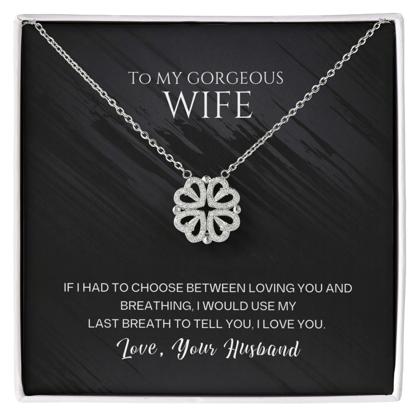To my Wife Necklace from Husband, 14K White gold finish Magnetic Hearts Clover Necklace, Gift for Valentines Day, Birthday, Anniversary