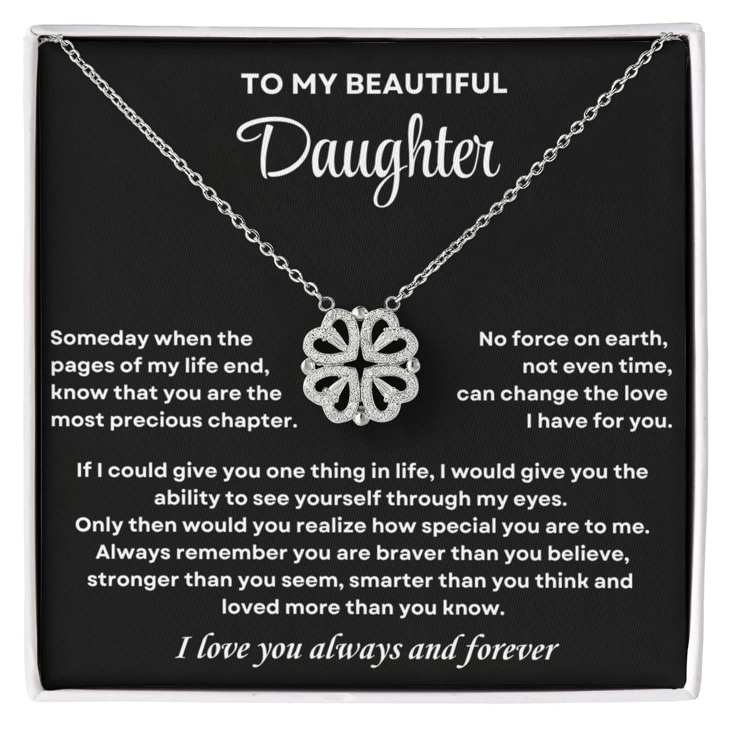 Daughter Necklace from Dad, 14 K White Gold Finish Magnetic Hearts Clover Necklace, Gift for Birthday, Valentines Day, Graduation, Christmas