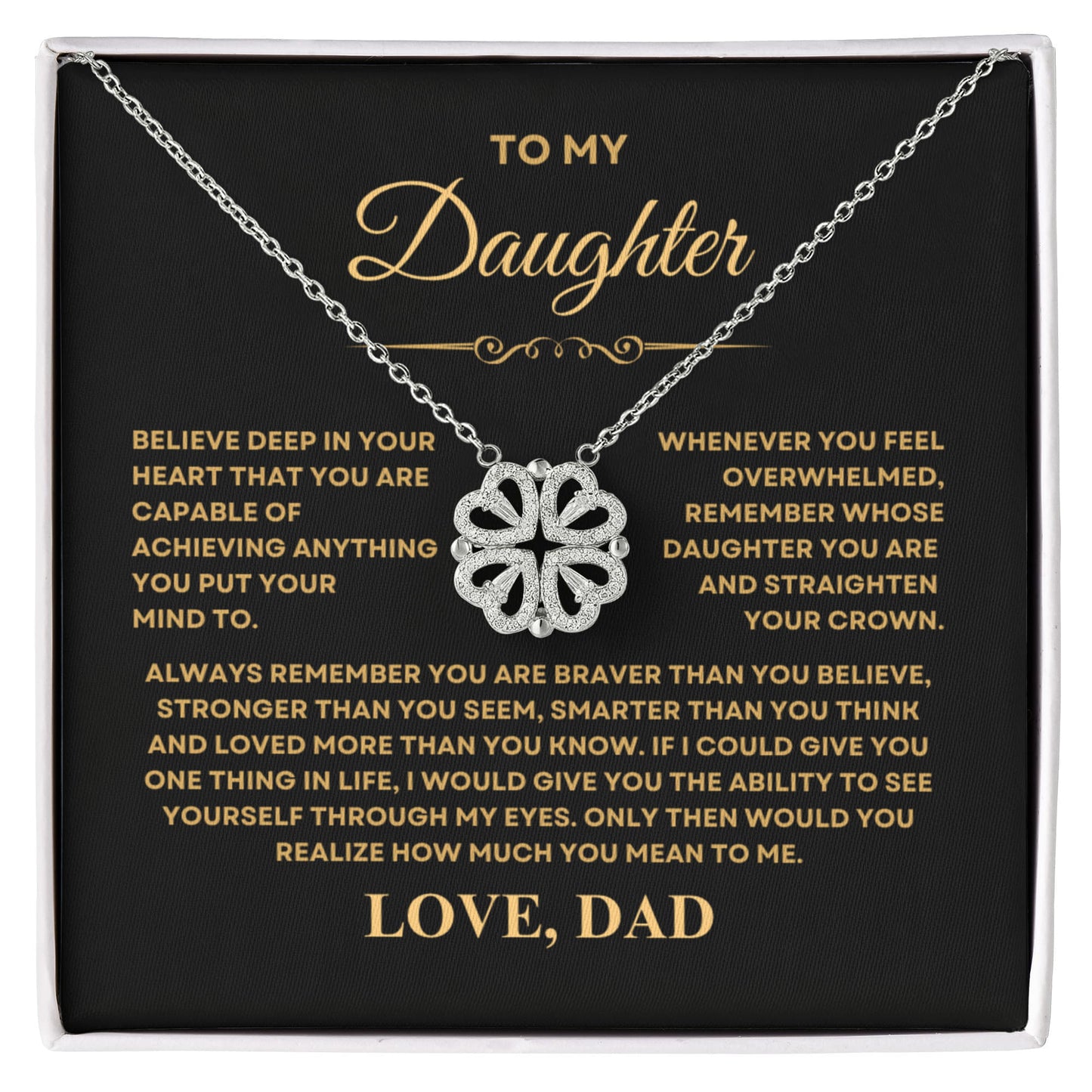 Daughter Necklace from Dad, 14 K White Gold Finish Magnetic Hearts Clover Necklace, Gift for Birthday, Valentines Day, Graduation, Christmas
