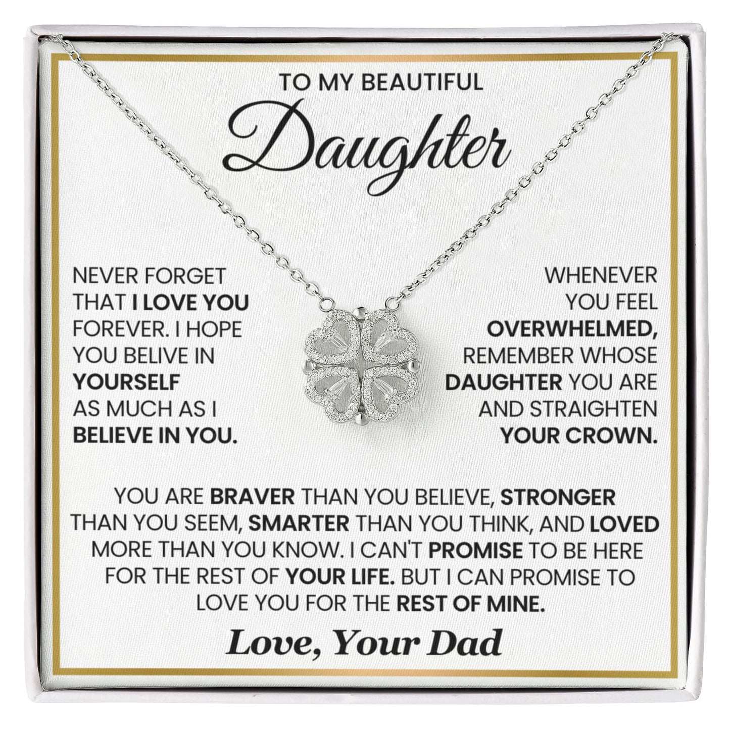 Daughter Necklace from Dad, 14 K White Gold Finish Magnetic Hearts Clover Necklace, Gift for Birthday, Valentines Day, Graduation, Christmas