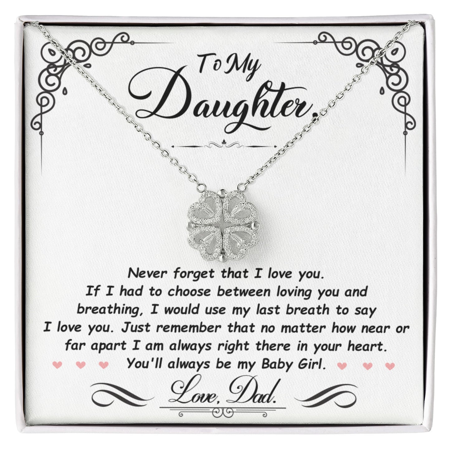 Daughter Necklace from Dad, 14 K White Gold Finish Magnetic Hearts Clover Necklace, Gift for Birthday, Valentines Day, Graduation, Christmas