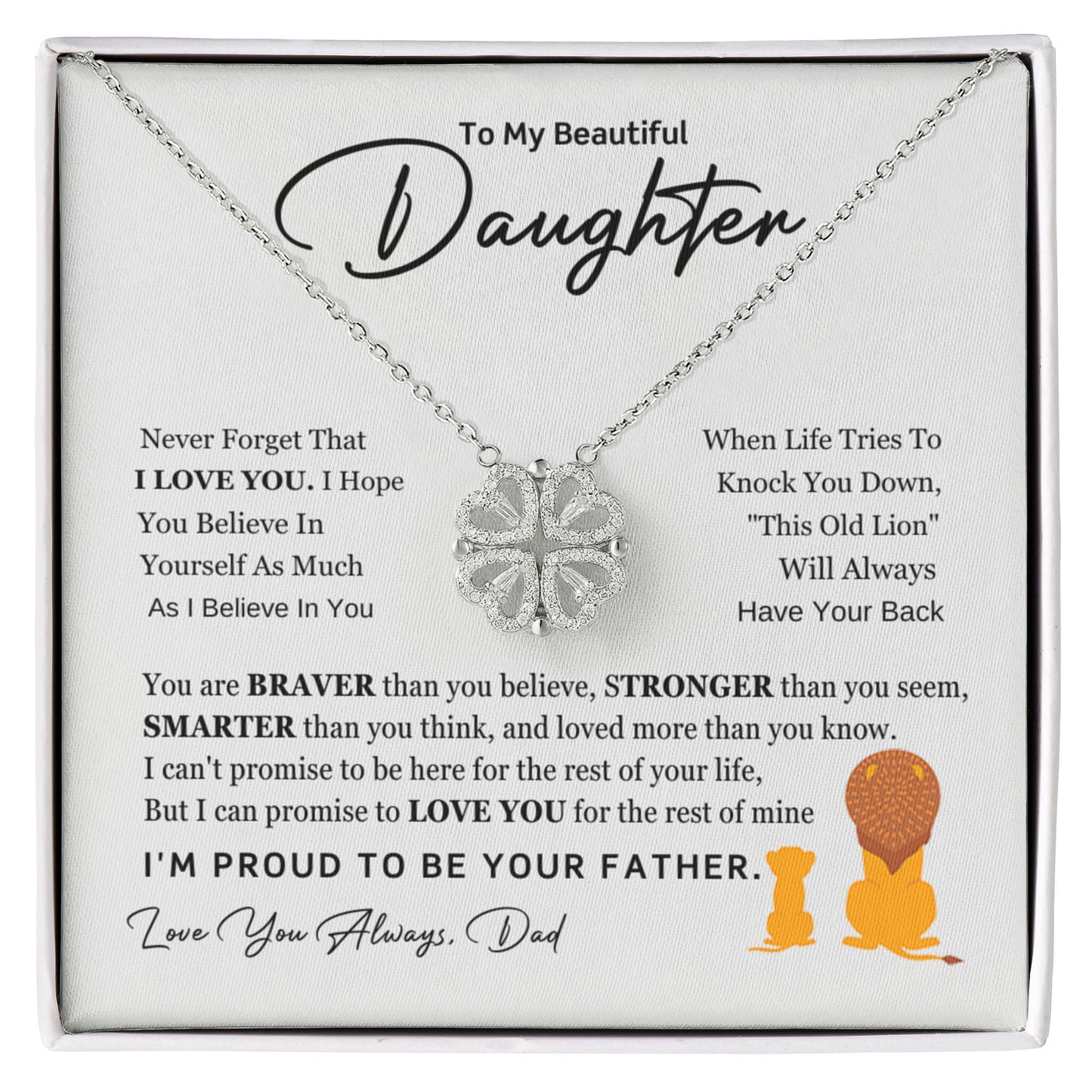 Daughter Necklace from Dad, 14 K White Gold Finish Magnetic Hearts Clover Necklace, Gift for Birthday, Valentines Day, Graduation, Christmas