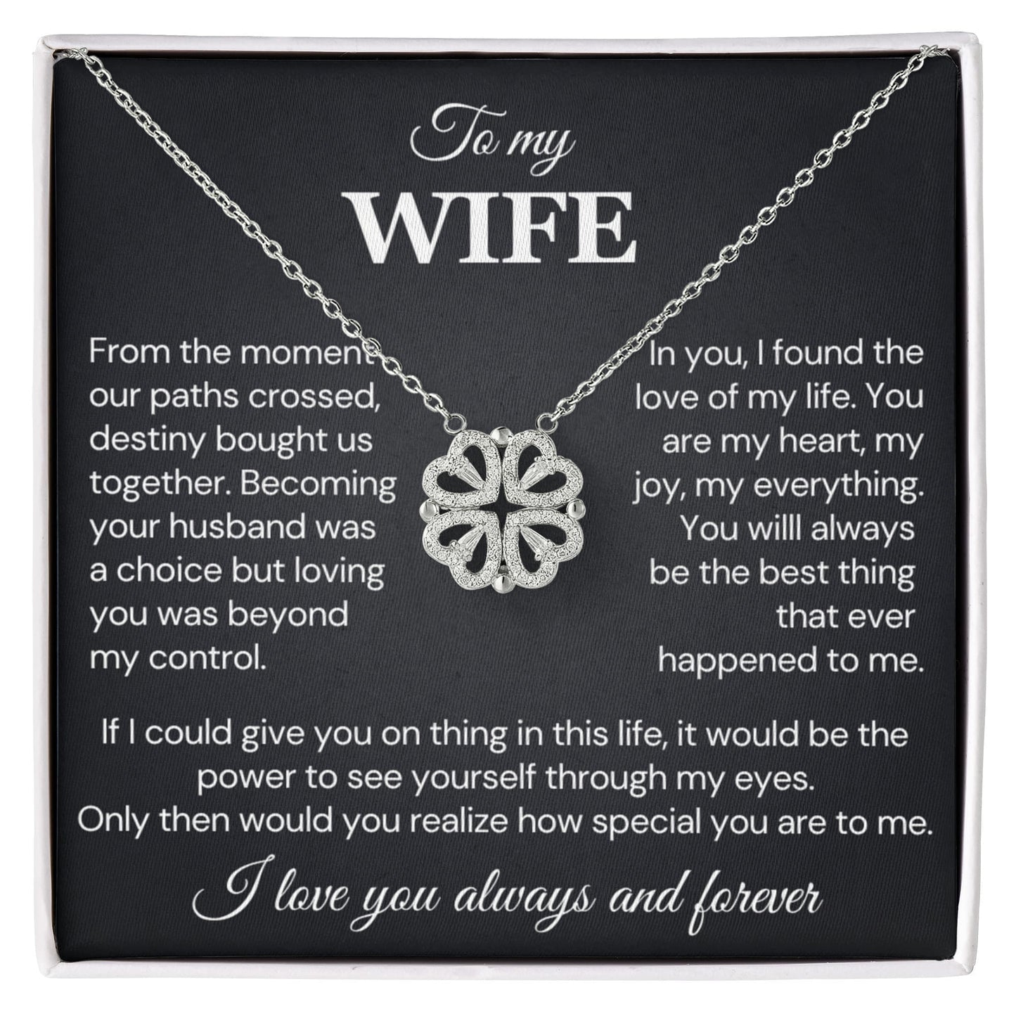 To my Wife Necklace from Husband, 14K White gold finish Magnetic Hearts Clover Necklace, Gift for Valentines Day, Birthday, Anniversary