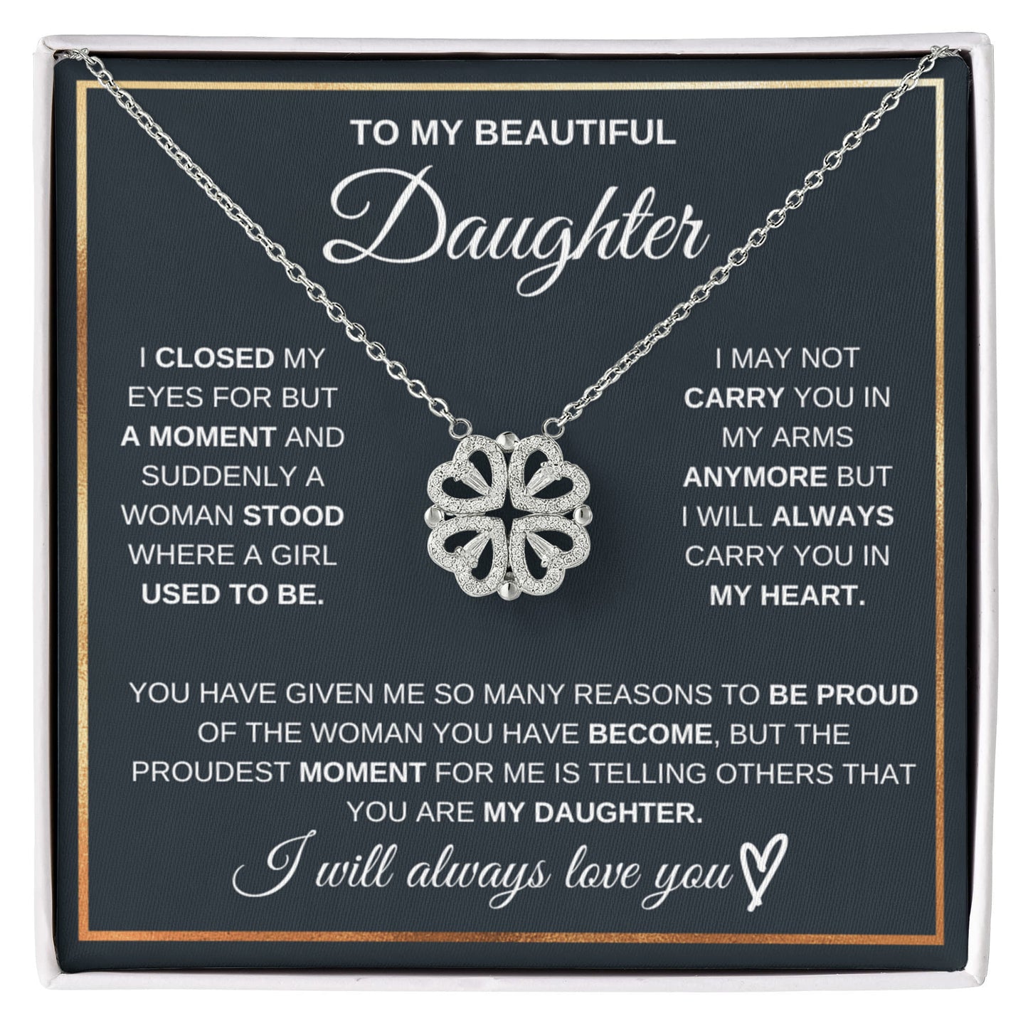 Daughter Necklace from Mom and Dad, 14 K White Gold Finish Magnetic Hearts Clover Necklace, Gift for Birthday, Valentines Day, Graduation, Christmas