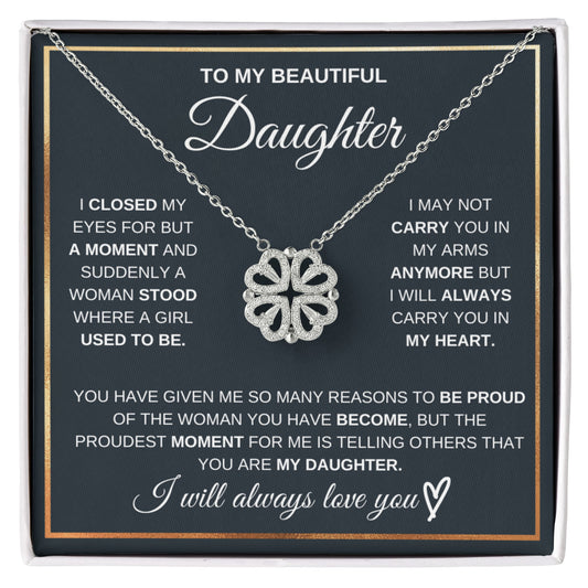 Daughter Necklace from Mom and Dad, 14 K White Gold Finish Magnetic Hearts Clover Necklace, Gift for Birthday, Valentines Day, Graduation, Christmas