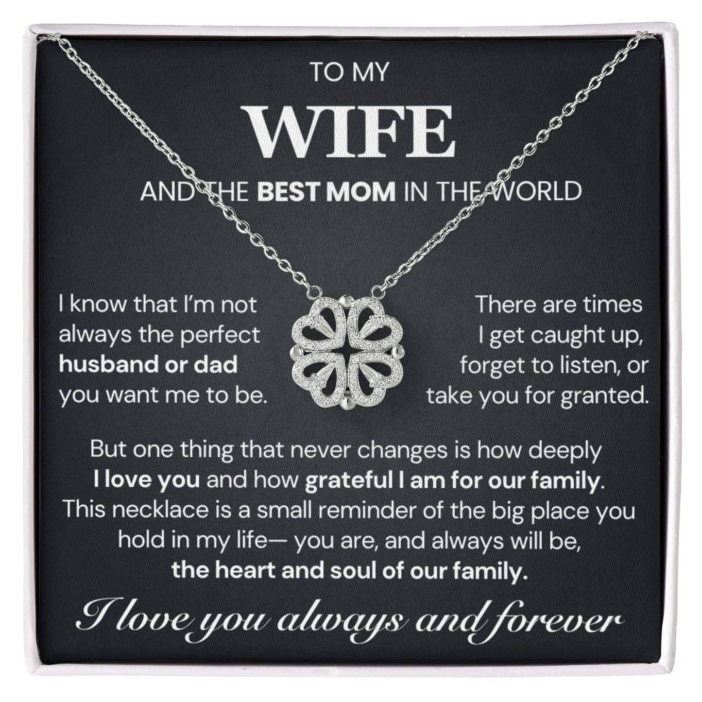 To my Wife Necklace from Husband, 14K White gold finish Magnetic Hearts Clover Necklace, Gift for Valentines Day, Birthday, Anniversary, Mothers Day