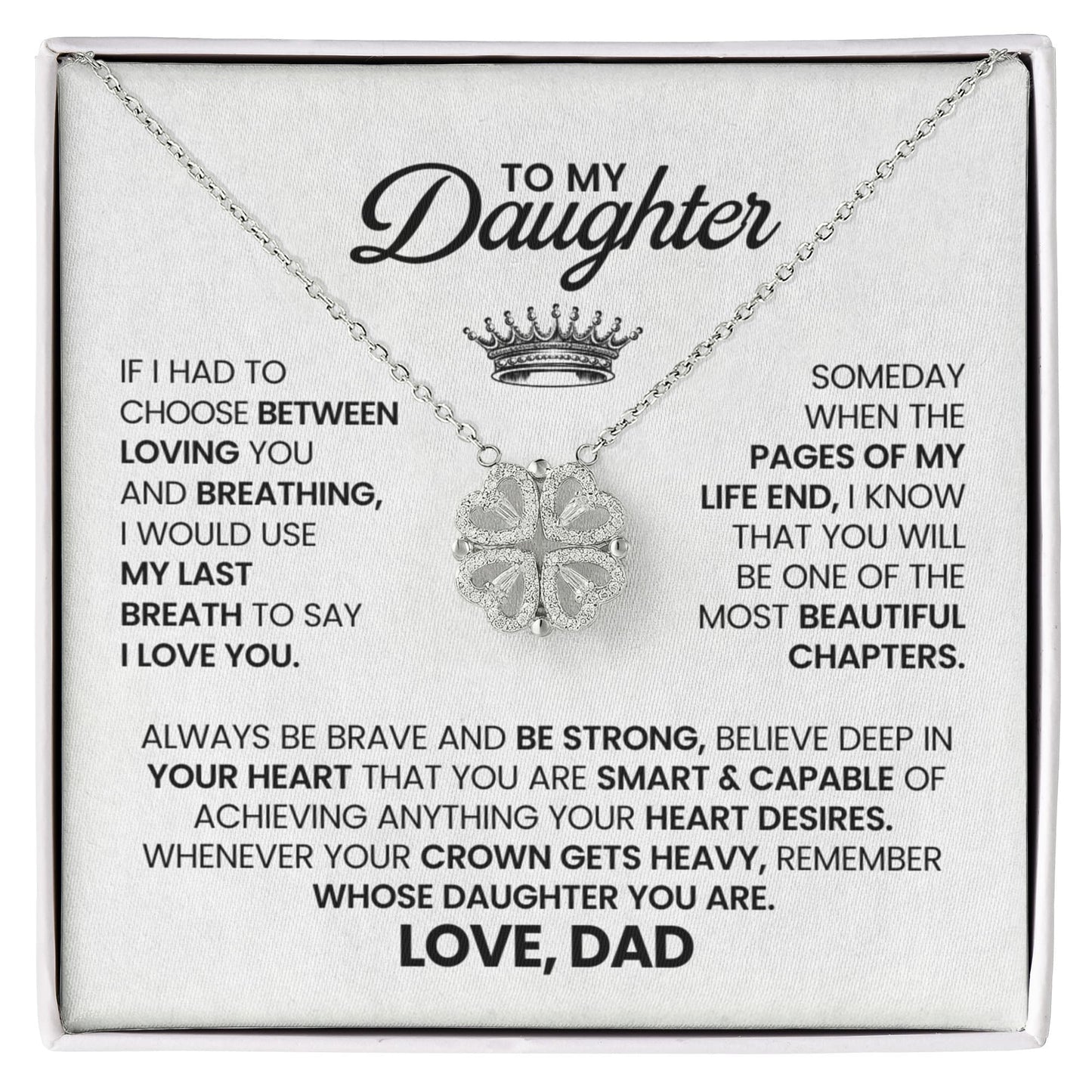 Daughter Necklace from Dad, 14 K White Gold Finish Magnetic Hearts Clover Necklace, Gift for Birthday, Valentines Day, Graduation, Christmas