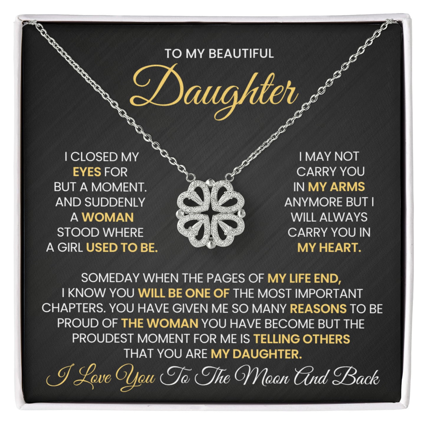 Daughter Necklace from Mom and Dad, 14 K White Gold Finish Magnetic Hearts Clover Necklace, Gift for Birthday, Valentines Day, Graduation, Christmas