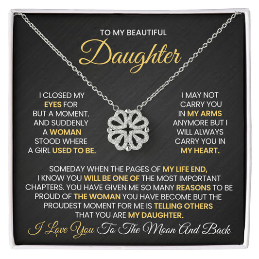Daughter Necklace from Mom and Dad, 14 K White Gold Finish Magnetic Hearts Clover Necklace, Gift for Birthday, Valentines Day, Graduation, Christmas