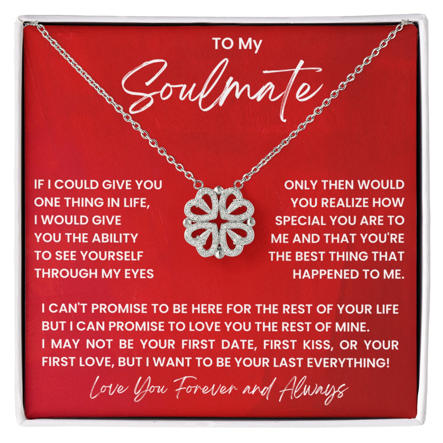 To my Soulmate Wife Necklace from Husband, 14K White gold finish Magnetic Hearts Clover Necklace, Gift for Valentines Day, Birthday, Anniversary