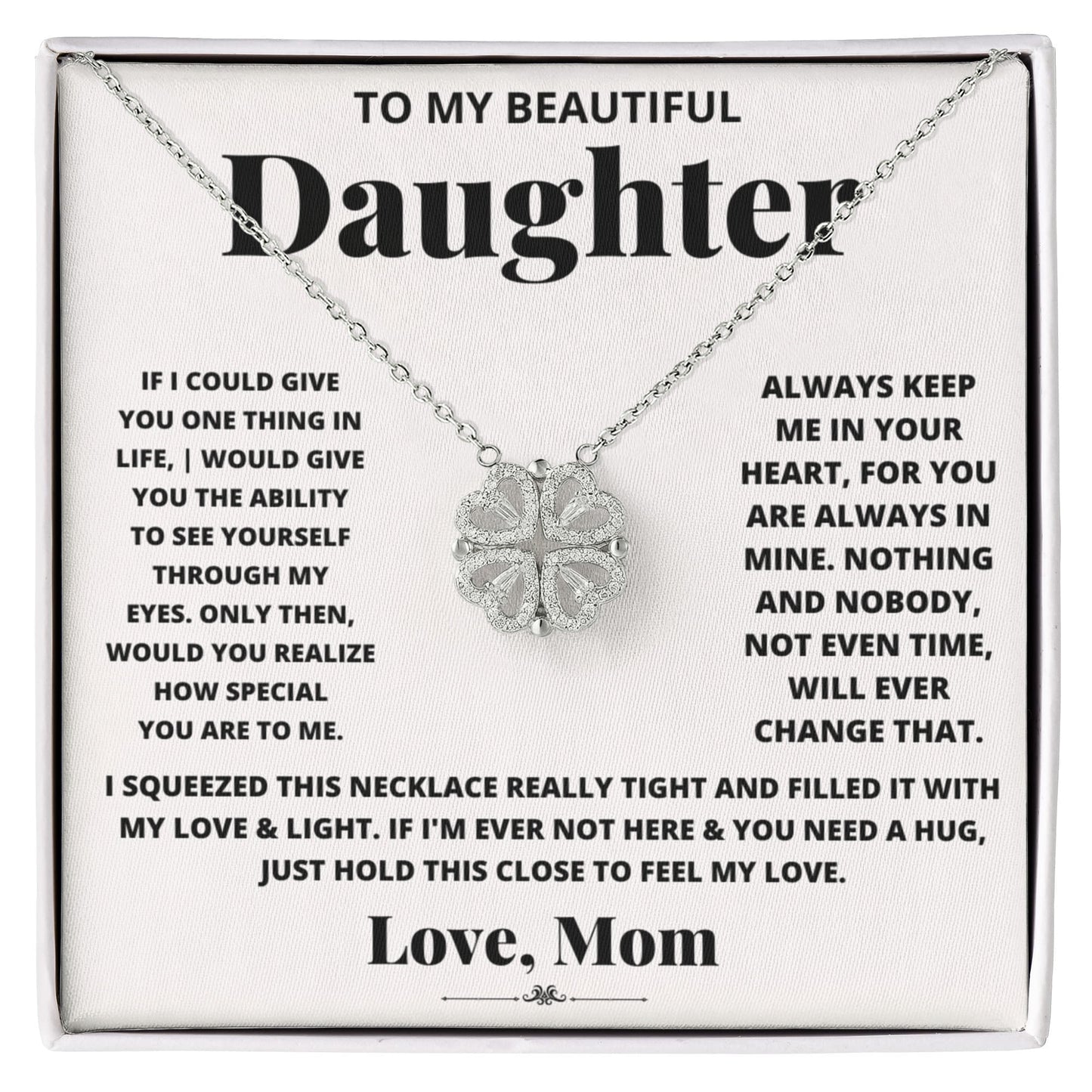 Daughter Necklace from Mom, 14 K White Gold Finish Magnetic Hearts Clover Necklace, Gift for Birthday, Valentines Day, Graduation, Christmas