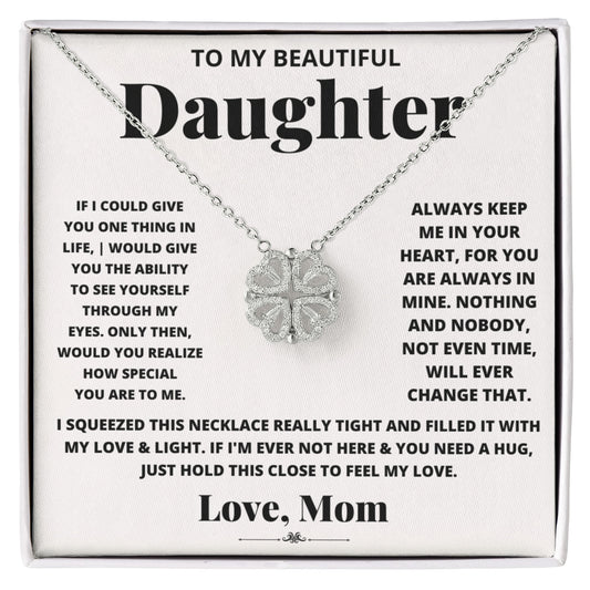 Daughter Necklace from Mom, 14 K White Gold Finish Magnetic Hearts Clover Necklace, Gift for Birthday, Valentines Day, Graduation, Christmas