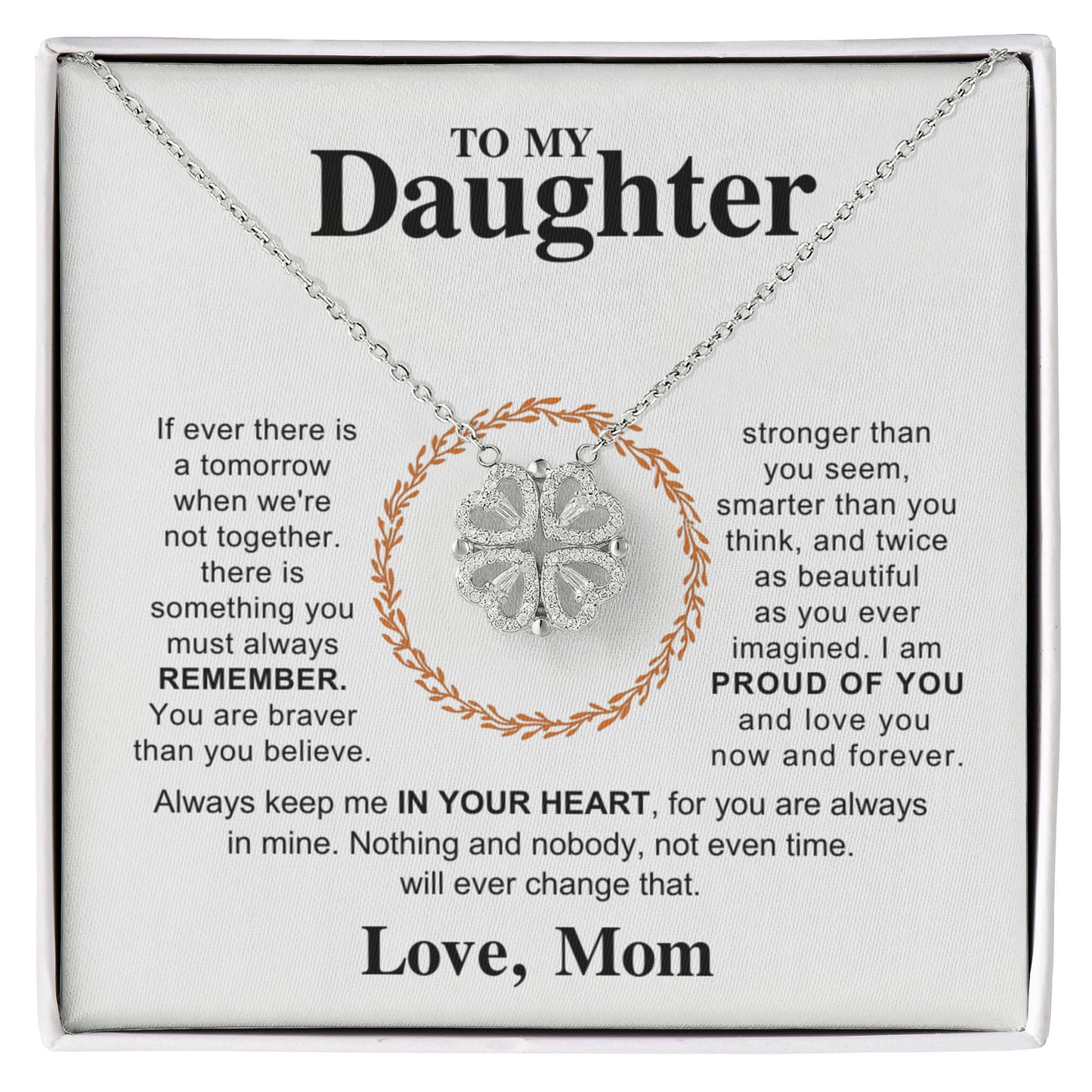 Daughter Necklace from Mom, 14 K White Gold Finish Magnetic Hearts Clover Necklace, Gift for Birthday, Valentines Day, Graduation, Christmas