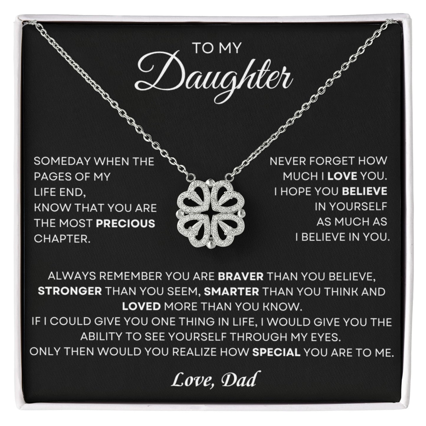 Daughter Necklace from Dad, 14 K White Gold Finish Magnetic Hearts Clover Necklace, Gift for Birthday, Valentines Day, Graduation, Christmas