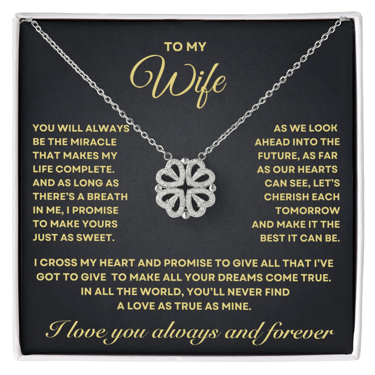 To my Wife Necklace from Husband, 14K White gold finish Magnetic Hearts Clover Necklace, Gift for Valentines Day, Birthday, Anniversary