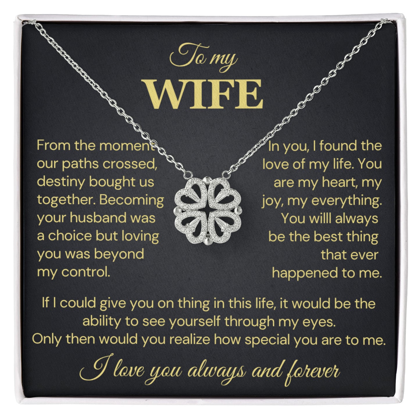 To my Wife Necklace from Husband, 14K White gold finish Magnetic Hearts Clover Necklace, Gift for Valentines Day, Birthday, Anniversary