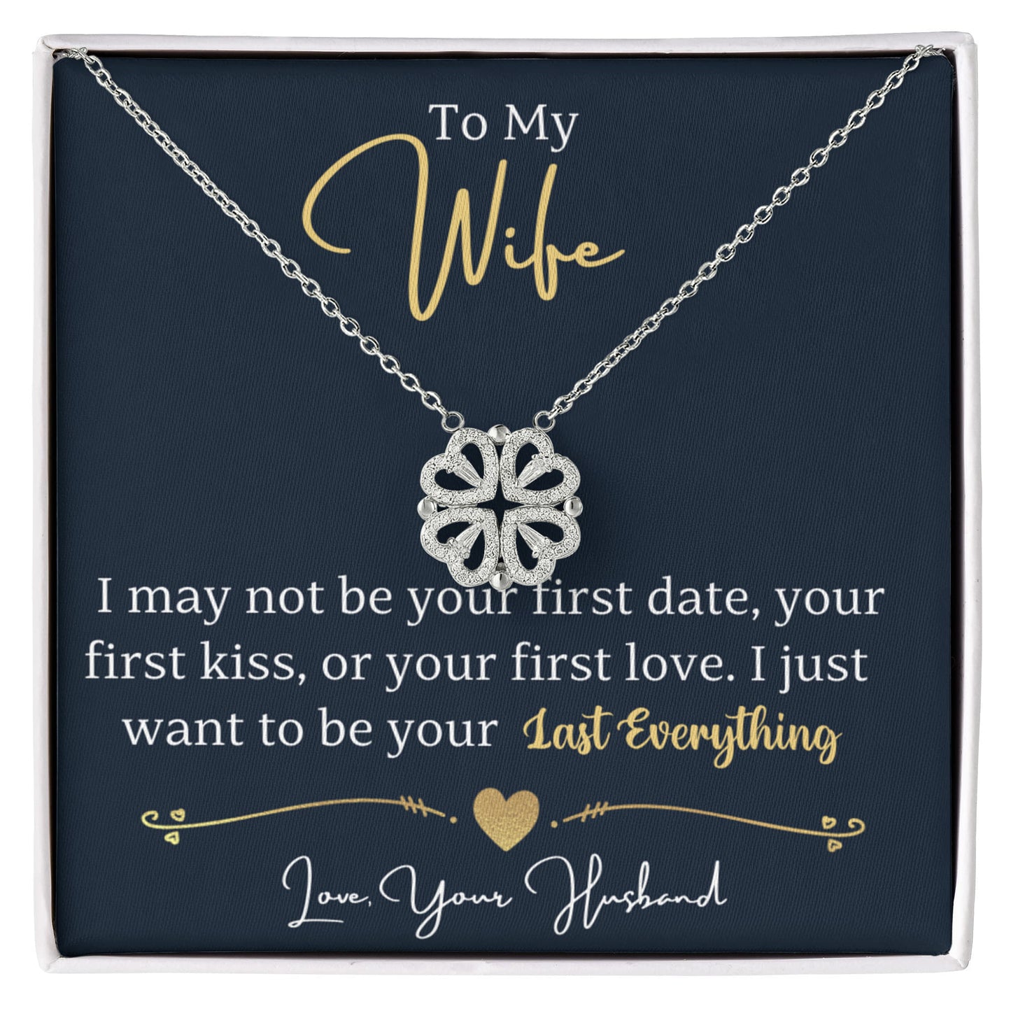To my Wife Necklace from Husband, 14K White gold finish Magnetic Hearts Clover Necklace, Gift for Valentines Day, Birthday, Anniversary