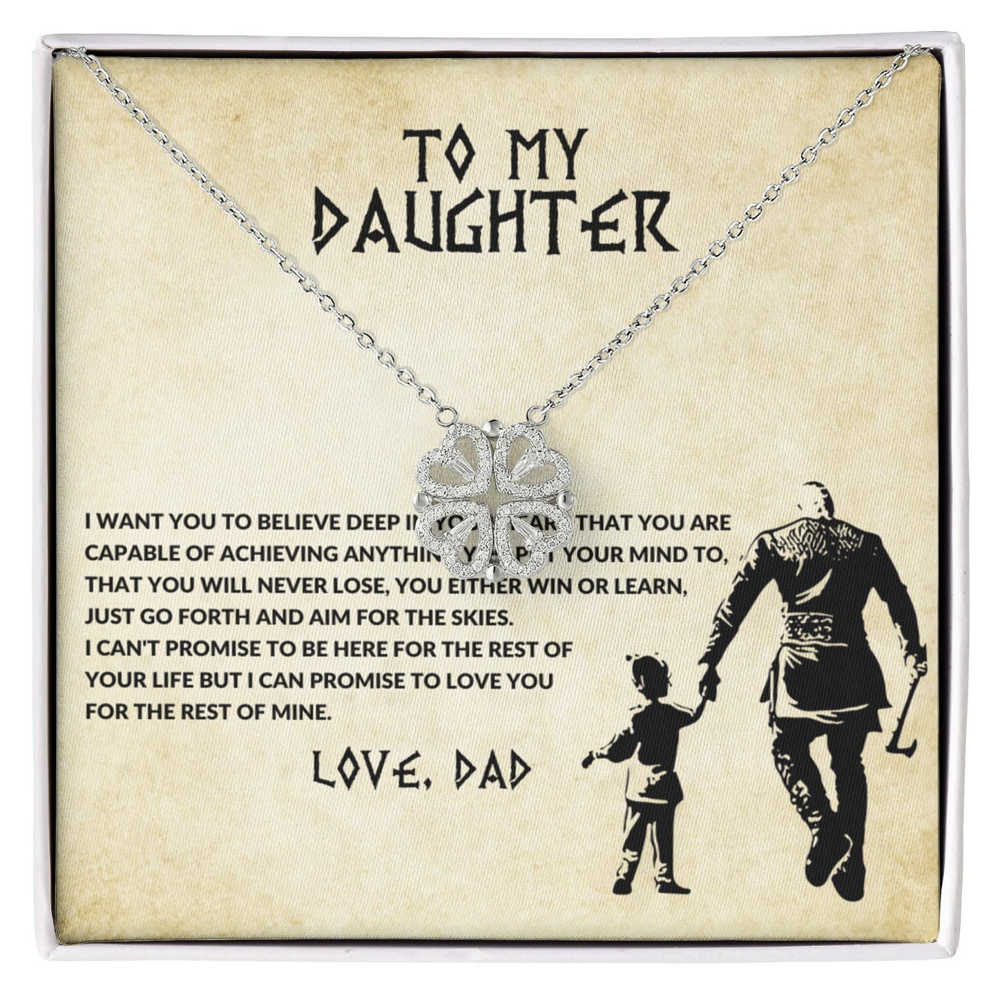 Daughter Necklace from Dad, 14 K White Gold Finish Magnetic Hearts Clover Necklace, Gift for Birthday, Valentines Day, Graduation, Christmas