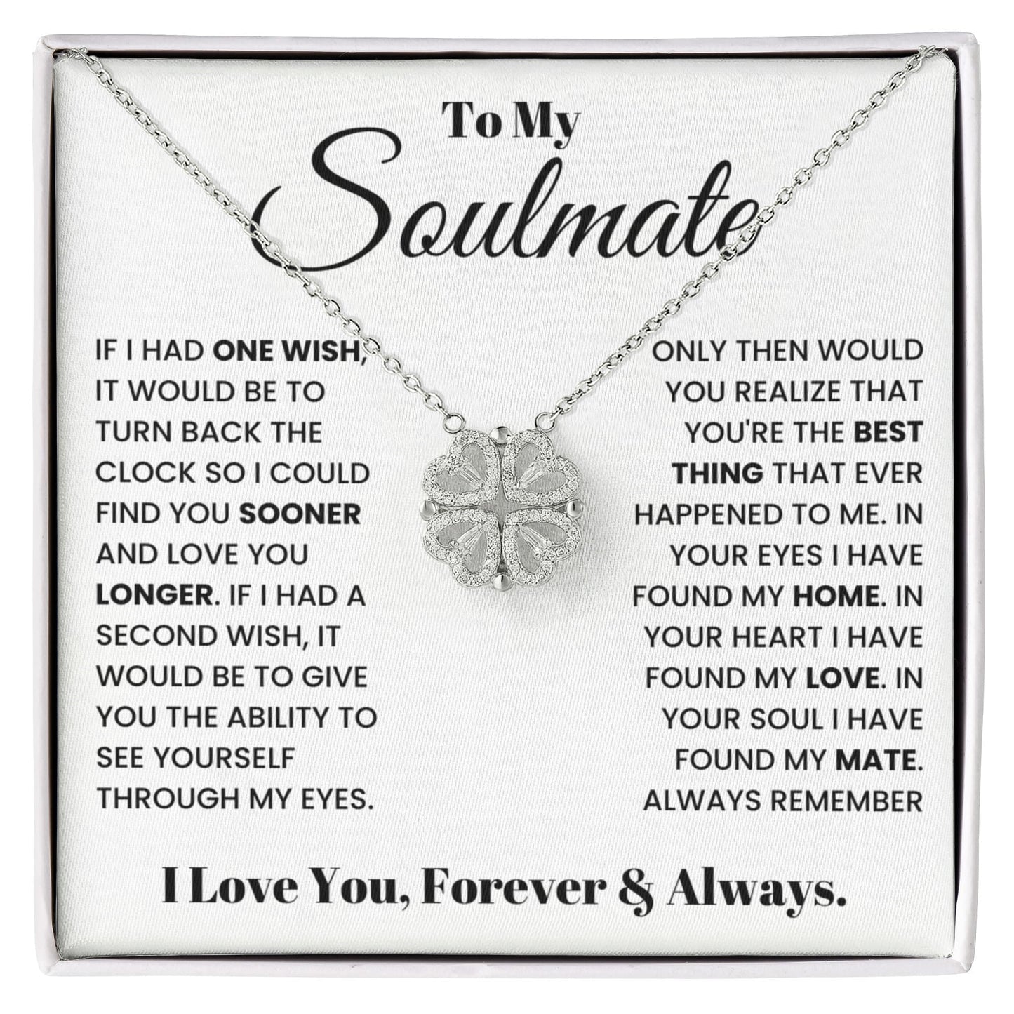 To my Soulmate Wife Necklace from Husband, 14K White gold finish Magnetic Hearts Clover Necklace, Gift for Valentines Day, Birthday, Anniversary