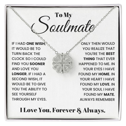 To my Soulmate Wife Necklace from Husband, 14K White gold finish Magnetic Hearts Clover Necklace, Gift for Valentines Day, Birthday, Anniversary