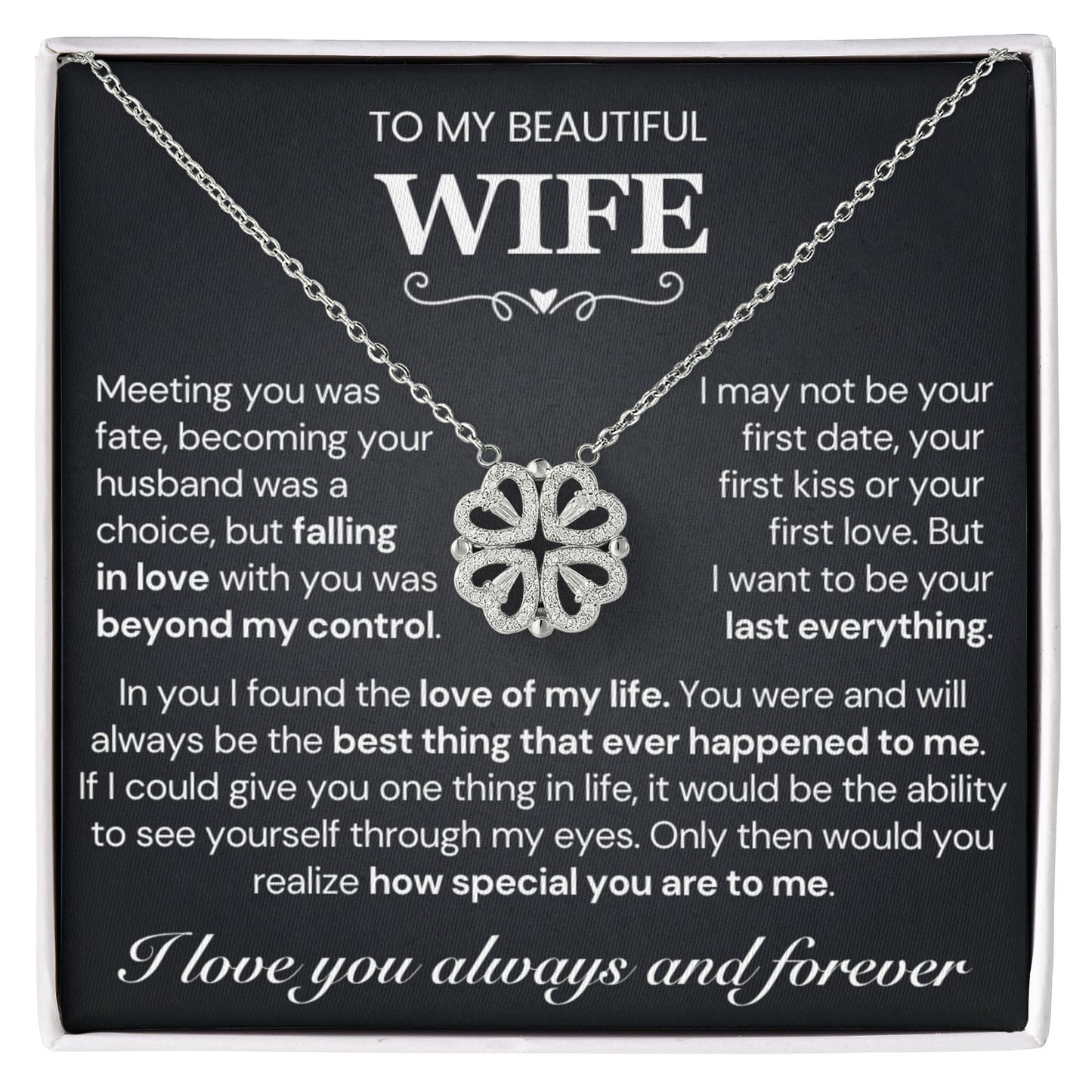 To my Wife Necklace from Husband, 14K White gold finish Magnetic Hearts Clover Necklace, Gift for Valentines Day, Birthday, Anniversary