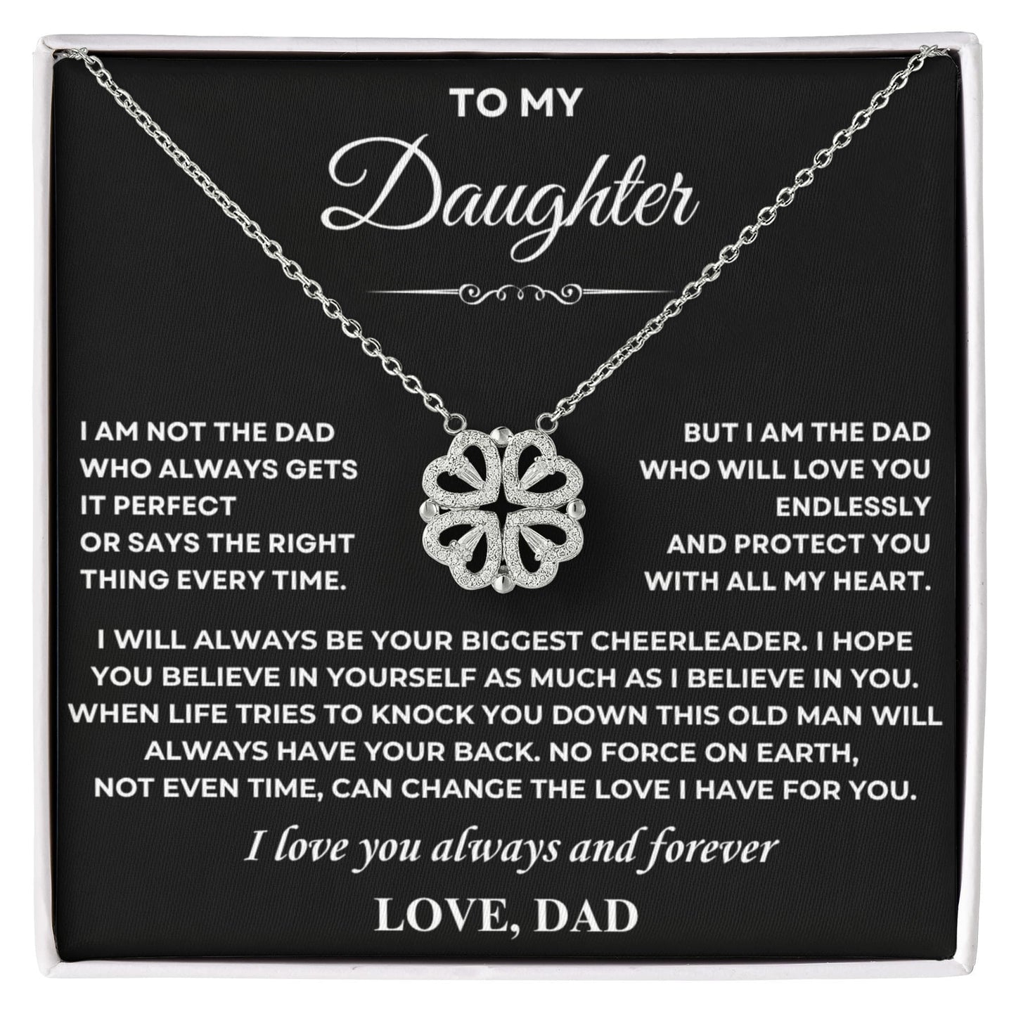 Daughter Necklace from Dad, 14 K White Gold Finish Magnetic Hearts Clover Necklace, Gift for Birthday, Valentines Day, Graduation, Christmas