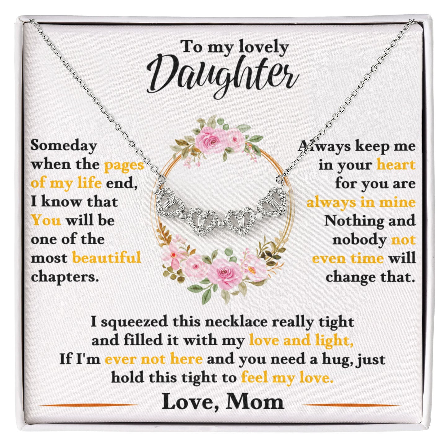 Daughter Necklace from Mom, 14 K White Gold Finish Magnetic Hearts Clover Necklace, Gift for Birthday, Valentines Day, Graduation, Christmas