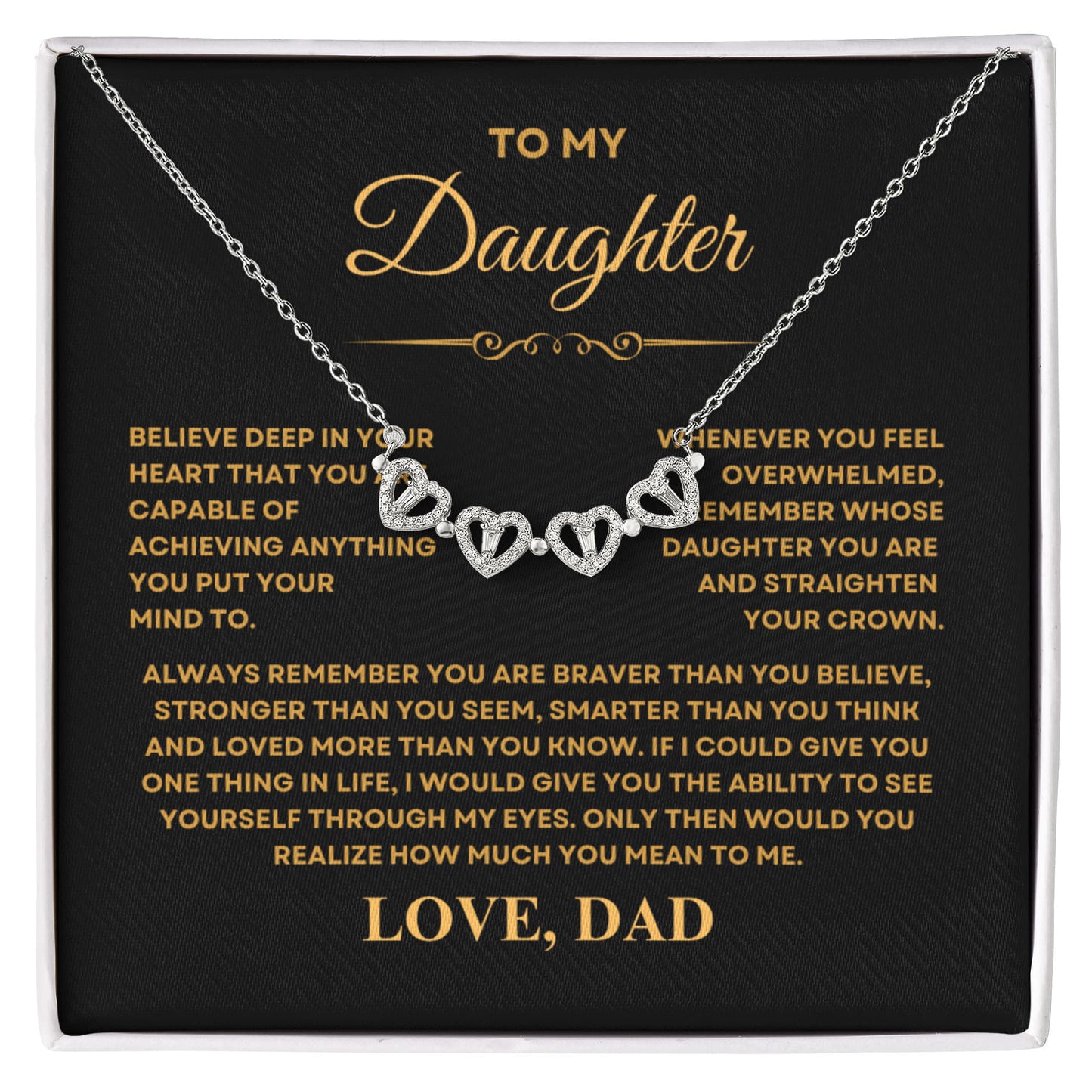 Daughter Necklace from Dad, 14 K White Gold Finish Magnetic Hearts Clover Necklace, Gift for Birthday, Valentines Day, Graduation, Christmas