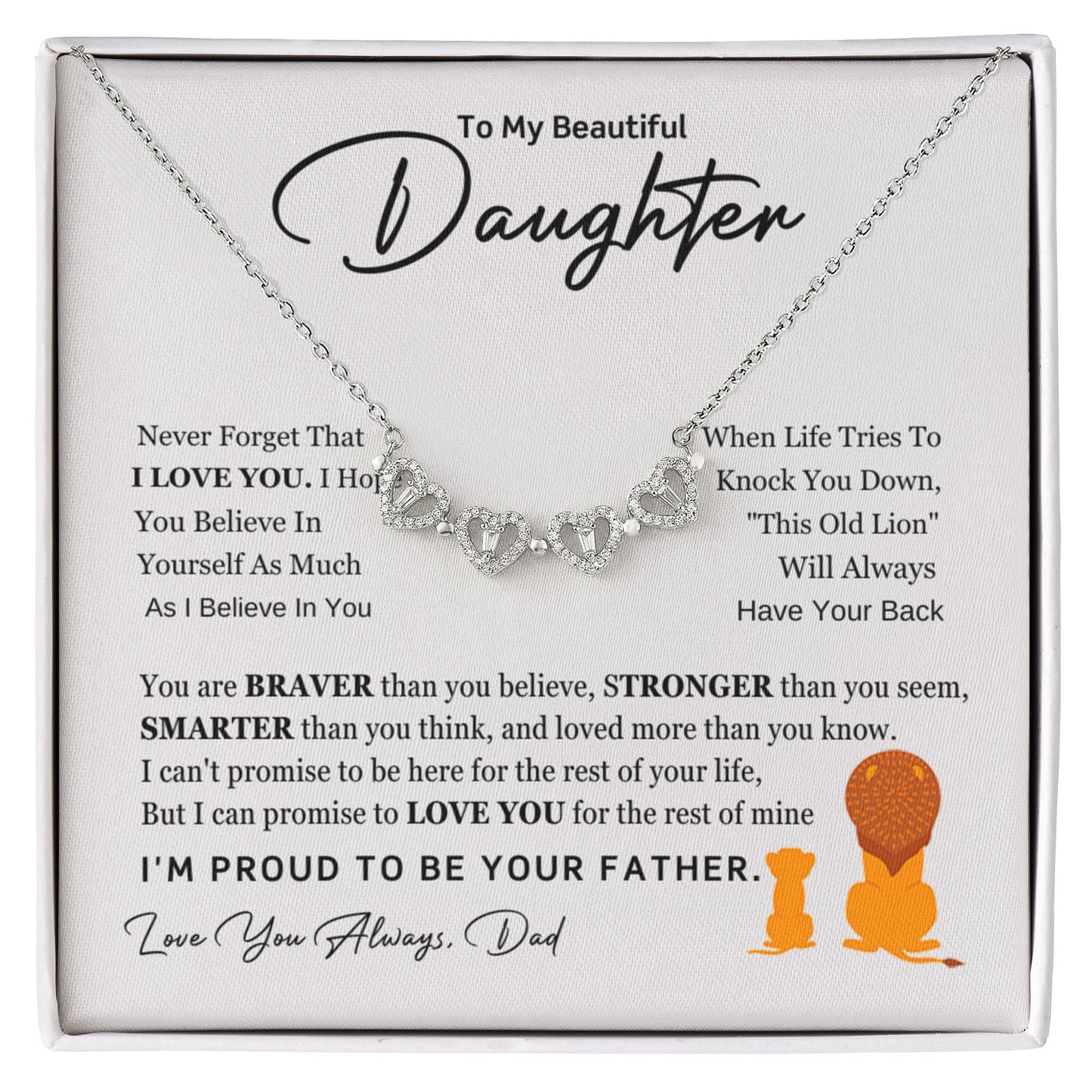 Daughter Necklace from Dad, 14 K White Gold Finish Magnetic Hearts Clover Necklace, Gift for Birthday, Valentines Day, Graduation, Christmas