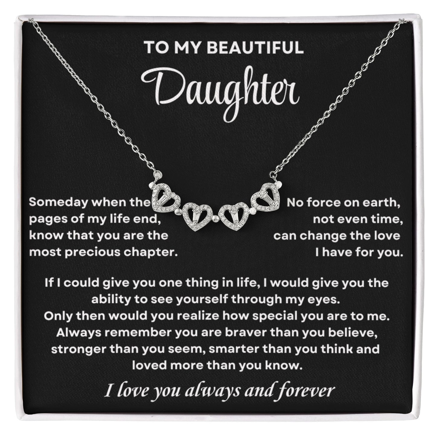 Daughter Necklace from Dad, 14 K White Gold Finish Magnetic Hearts Clover Necklace, Gift for Birthday, Valentines Day, Graduation, Christmas